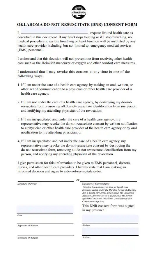 Oklahoma DNR Form OK Do Not Resuscitate Order Template