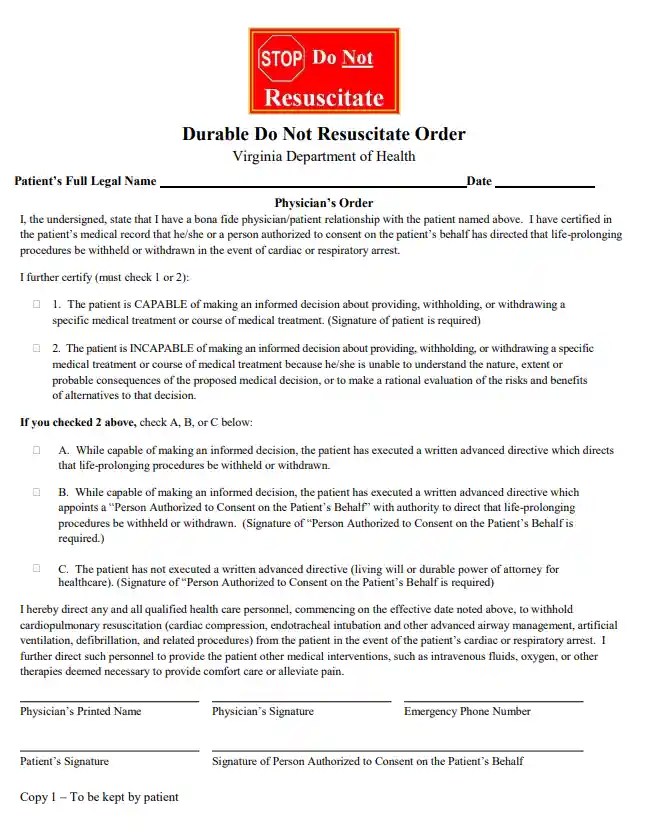 Virginia DNR Form VA Do Not Resuscitate Order Template