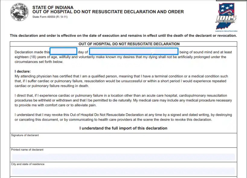 Indiana DNR Form IN Do Not Resuscitate Order Template