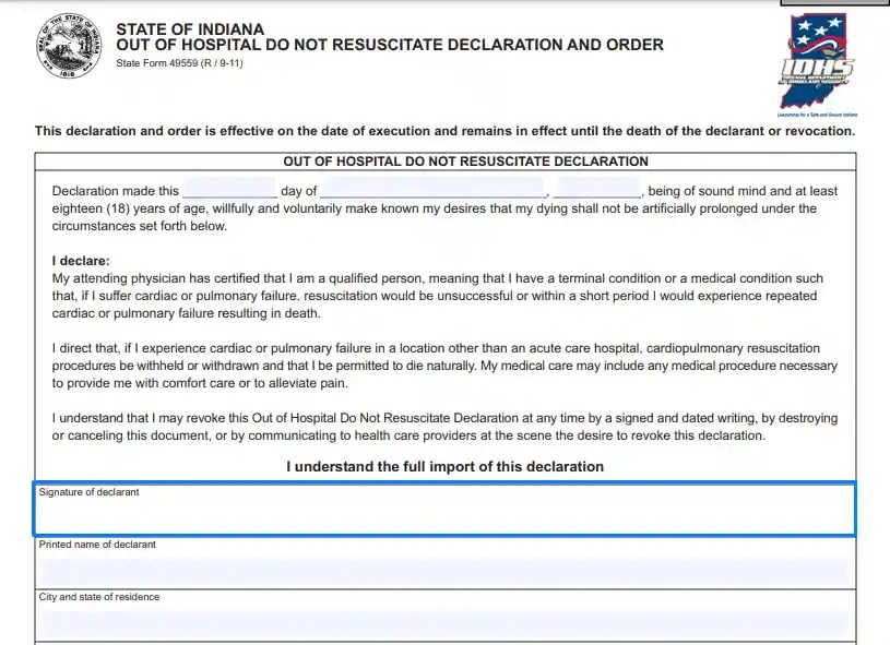 Indiana DNR Form IN Do Not Resuscitate Order Template