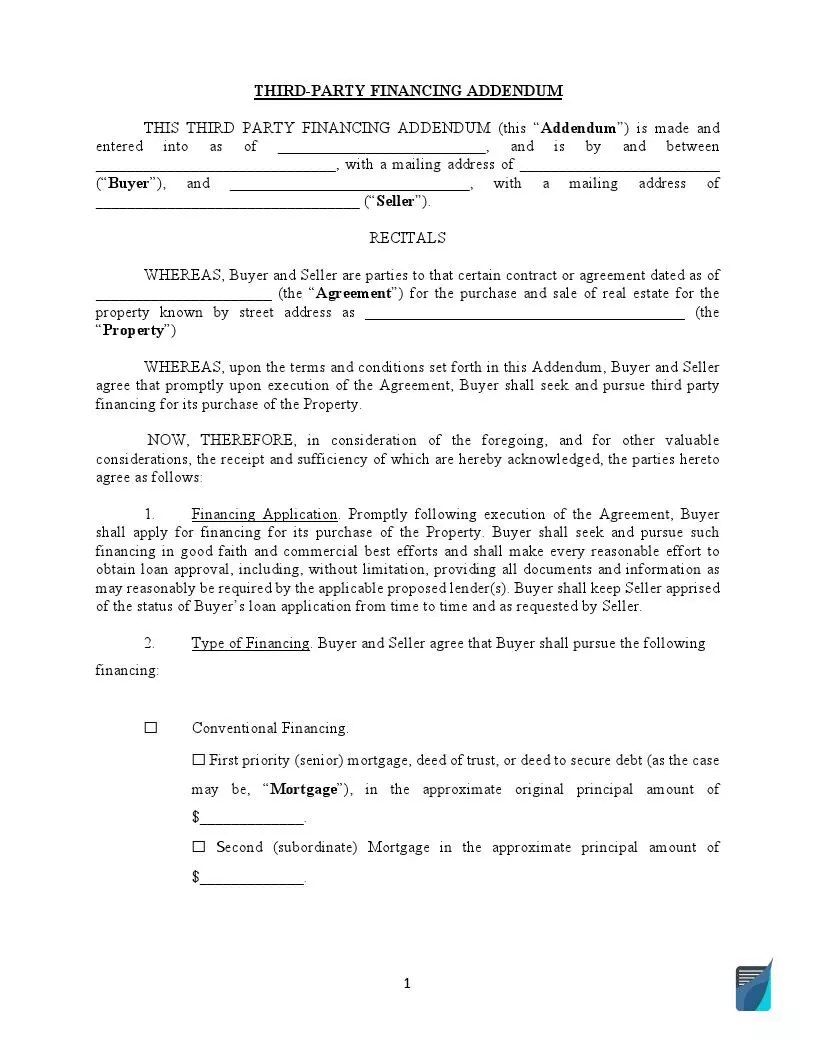 Free Third (3rd) Party Financing Addendum Form FormsPal