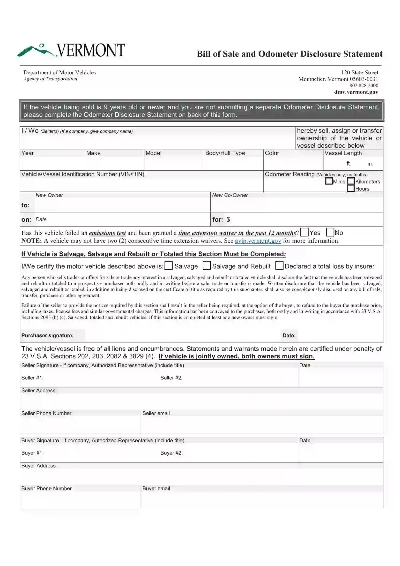 Free Vermont Bill of Sale Forms (PDF) FormsPal