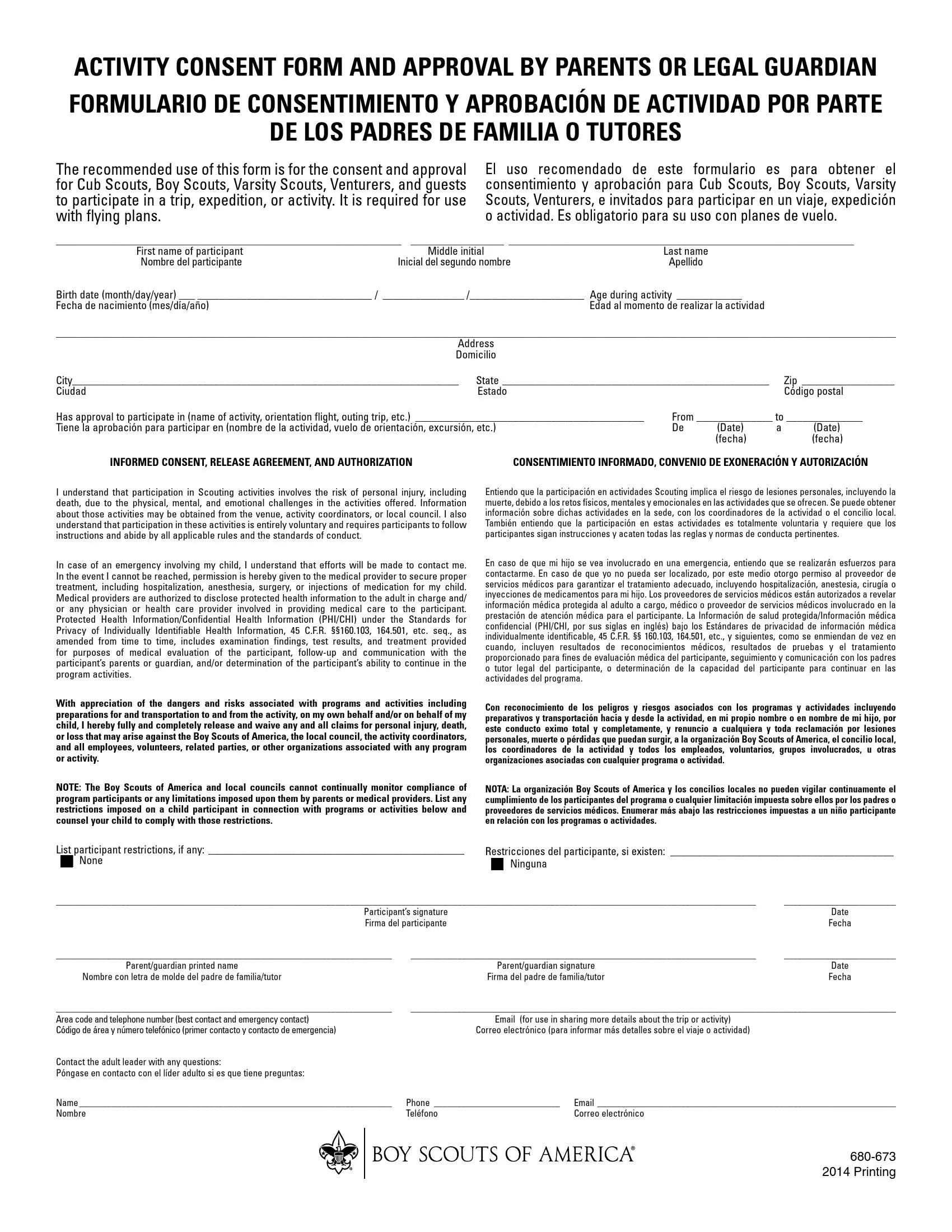 Boy Scouts Permission Slip Form ⇒ BSA Activity Consent