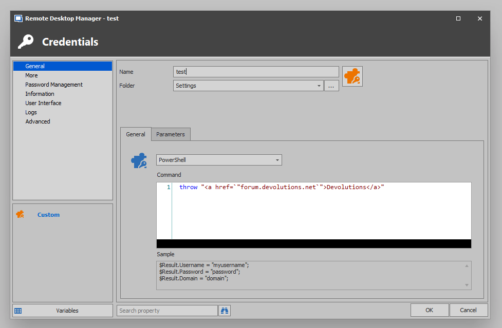 Create hyperlink in 'throw' command of custom credential (powershell)