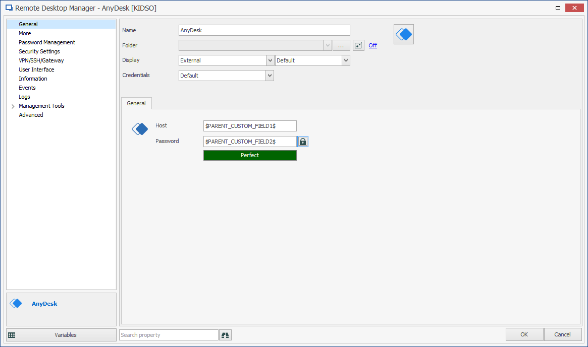 Host Entry and AnyDesk session template