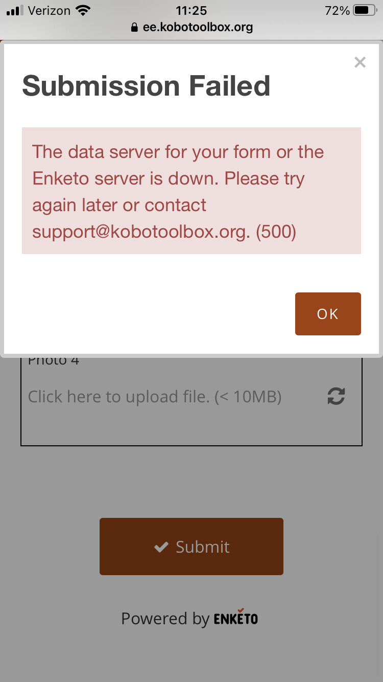 Submission Failed error message 500 server down Data Collection