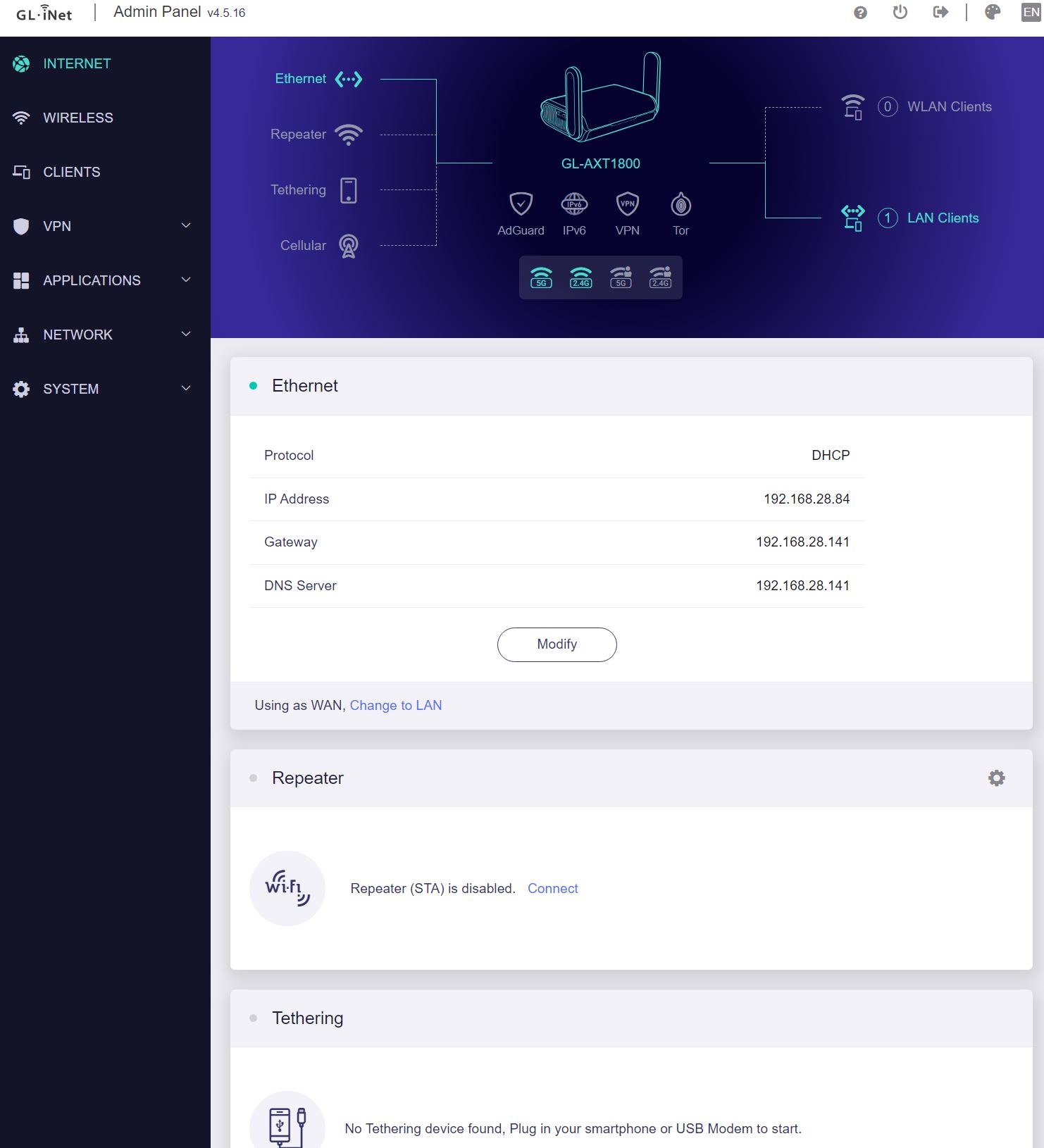 GL.iNet GL-AXT1800 Tethering to another router - Technical Support for