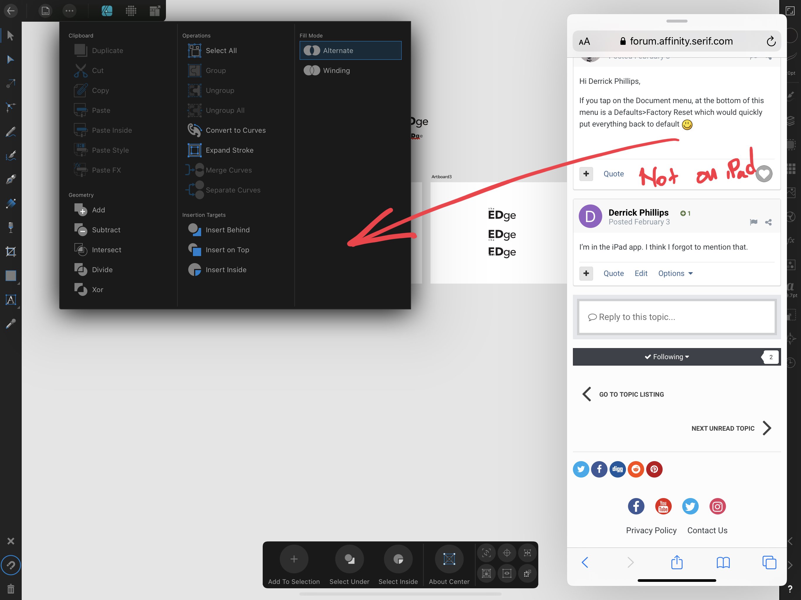 Reset tools (again) Feedback for Affinity Designer V1 on iPad