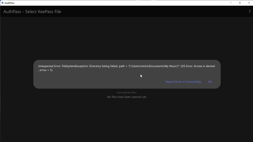 AuthPass on Windows 11 Cannot open a local KDBX file (tries to access