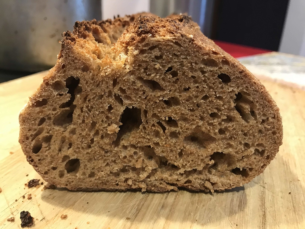 Long ferment whole spelt sourdough holey crumb Baker