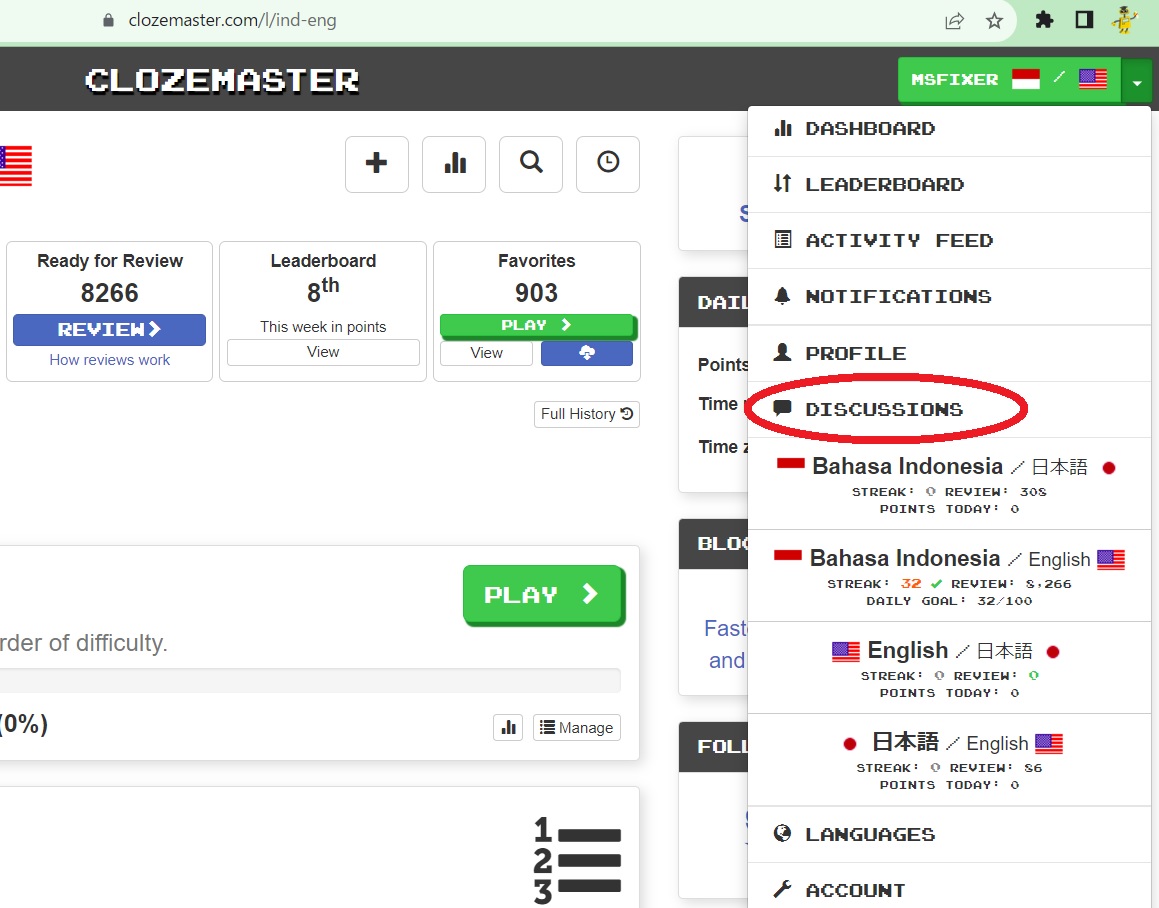 How do you get from your Clozemaster Dashboard to the Clozemaster Forum