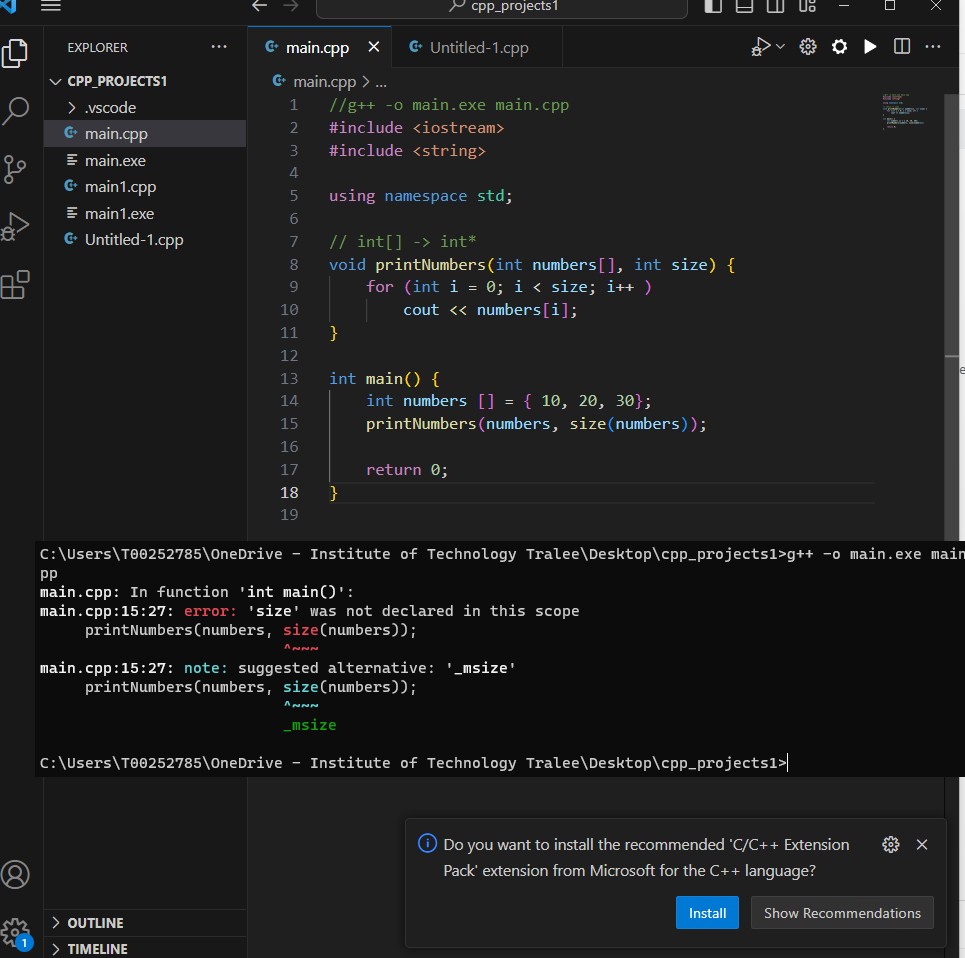 'Size was not declared in this scope' C++ Part 2, Arrays, 4* C++