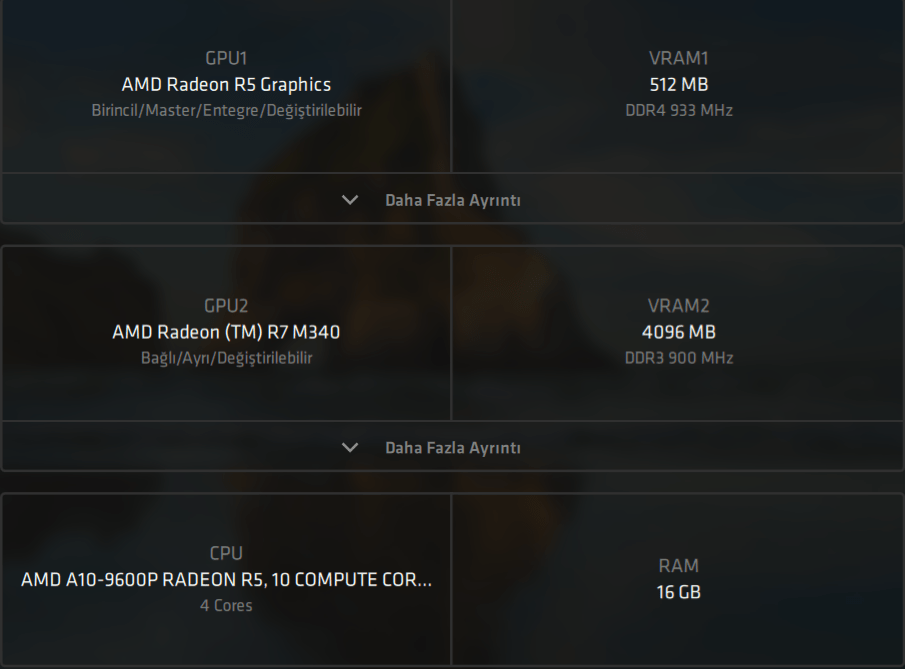 AMD Radeon R5 ve AMD Radeon R7 M340 bulunan laptop 'ım da
