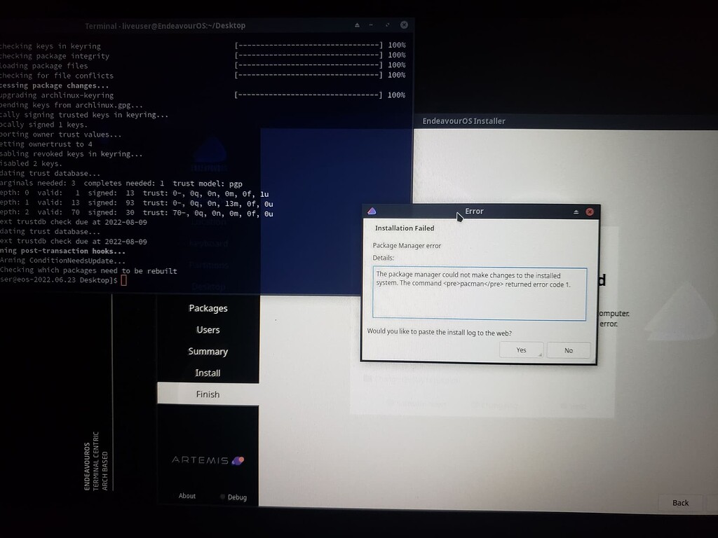 The command 'pacman' returned error code 1 EndeavourOS installation