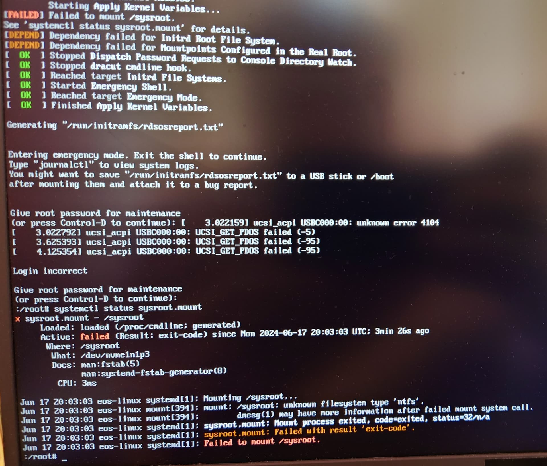 Failed to mount /sysroot. Unknown filesystem type 'ntfs' EndeavourOS installation EndeavourOS