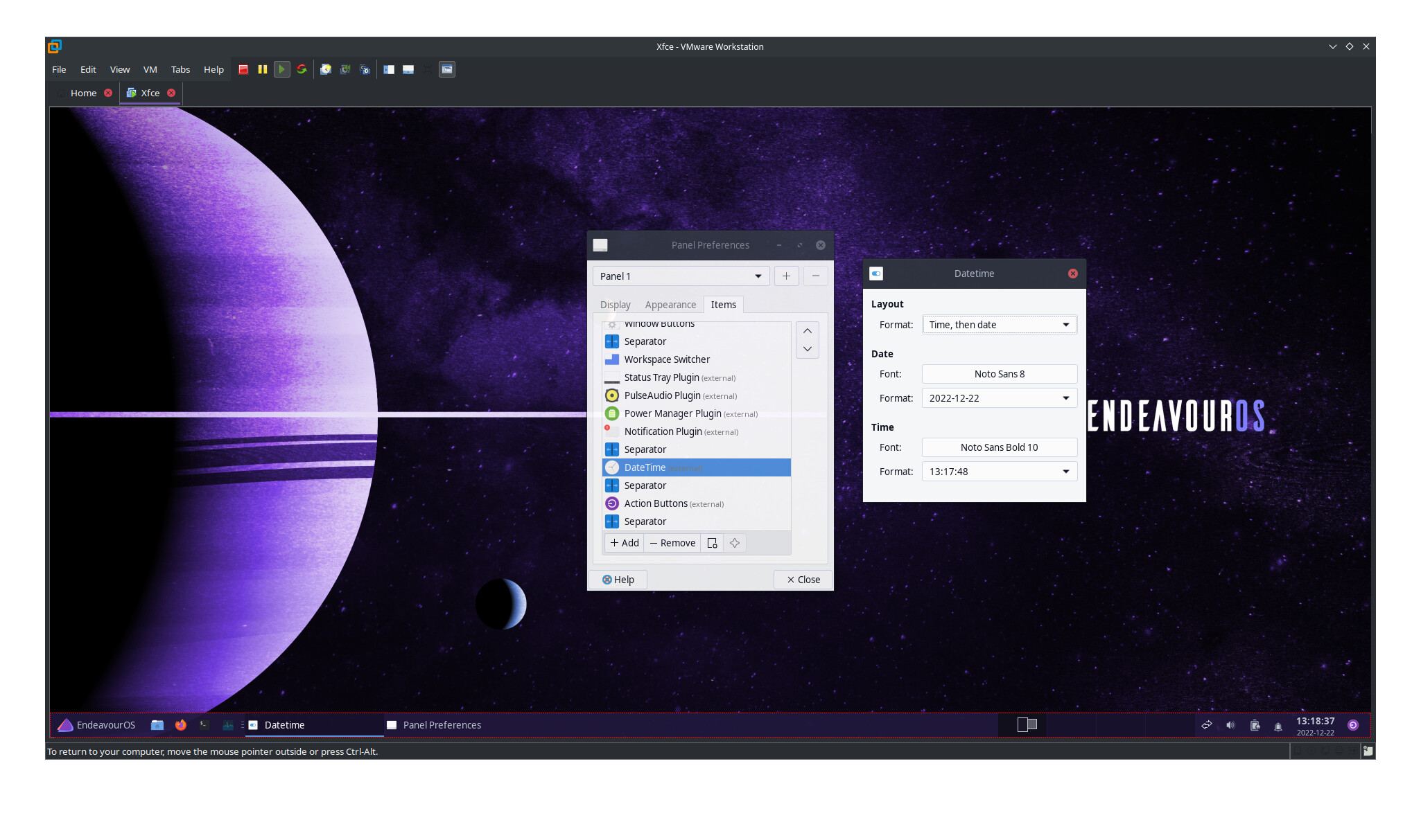 Clock panel item broken on XFCE4 XFCE EndeavourOS