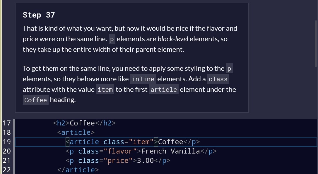 . Add a class attribute with the value item to the first article