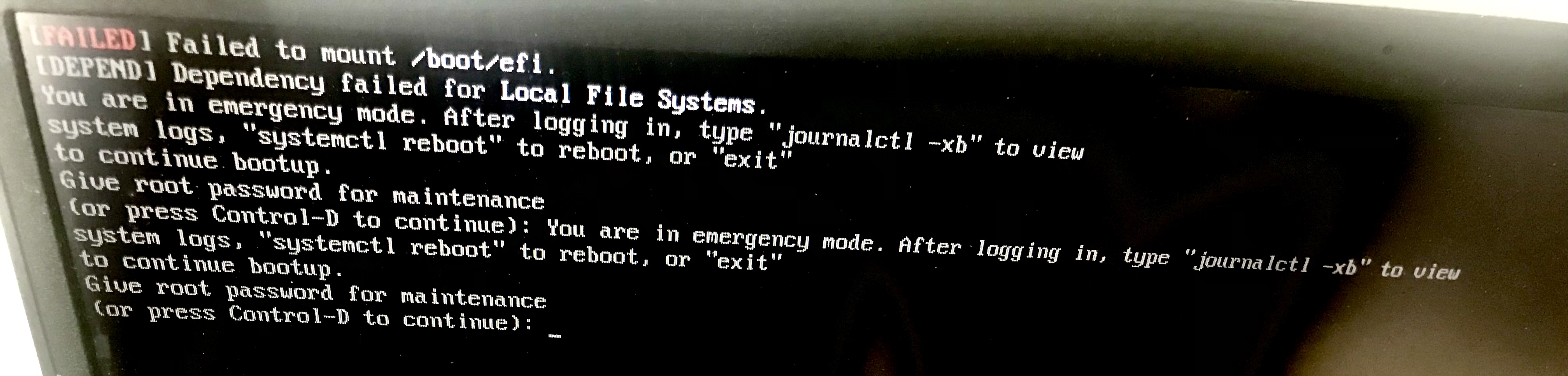 Failed to mount /boot/efi; Dependency failed for Local File System