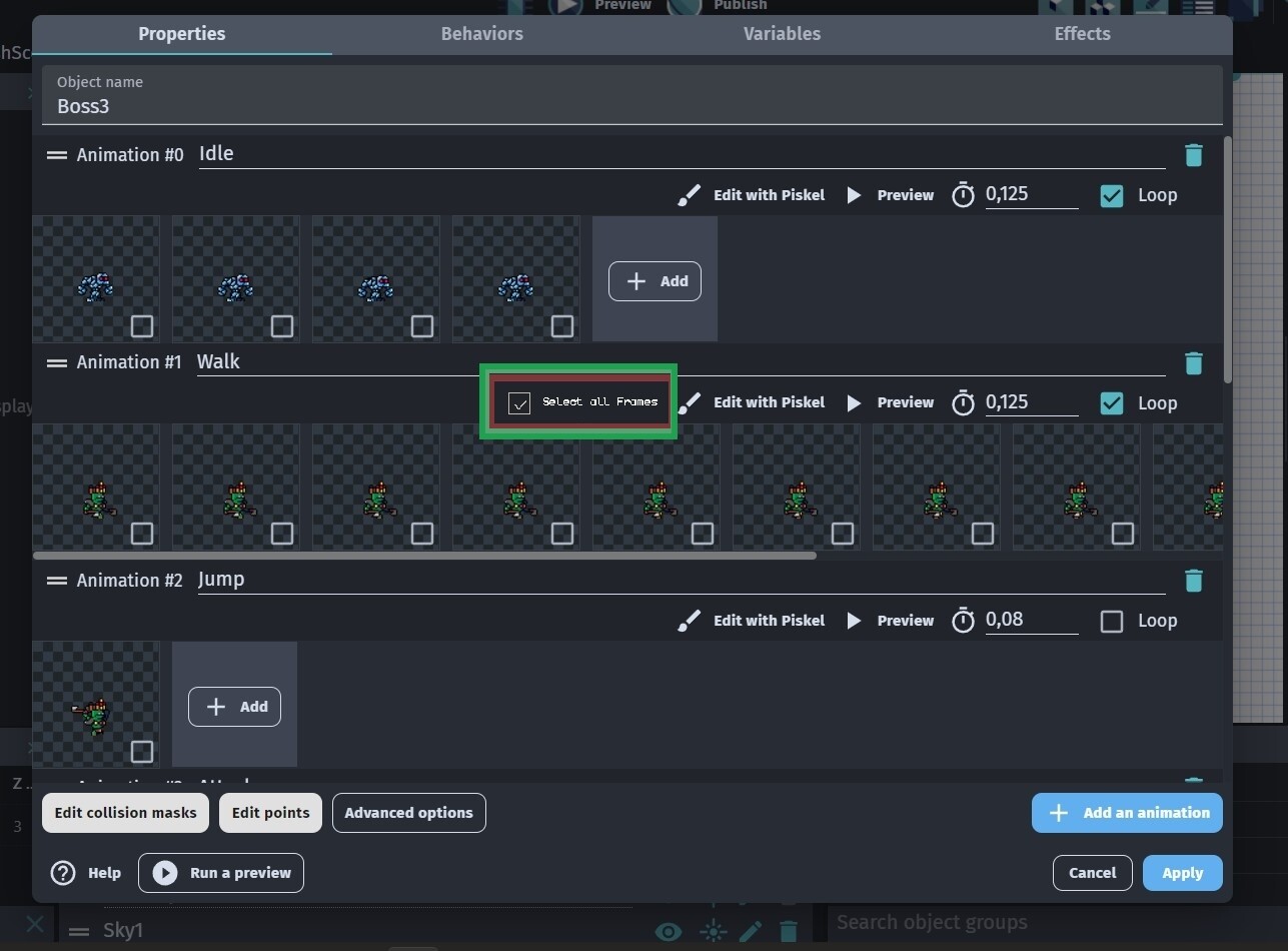 [Feature under Review] Add Select all frames in animations Feature