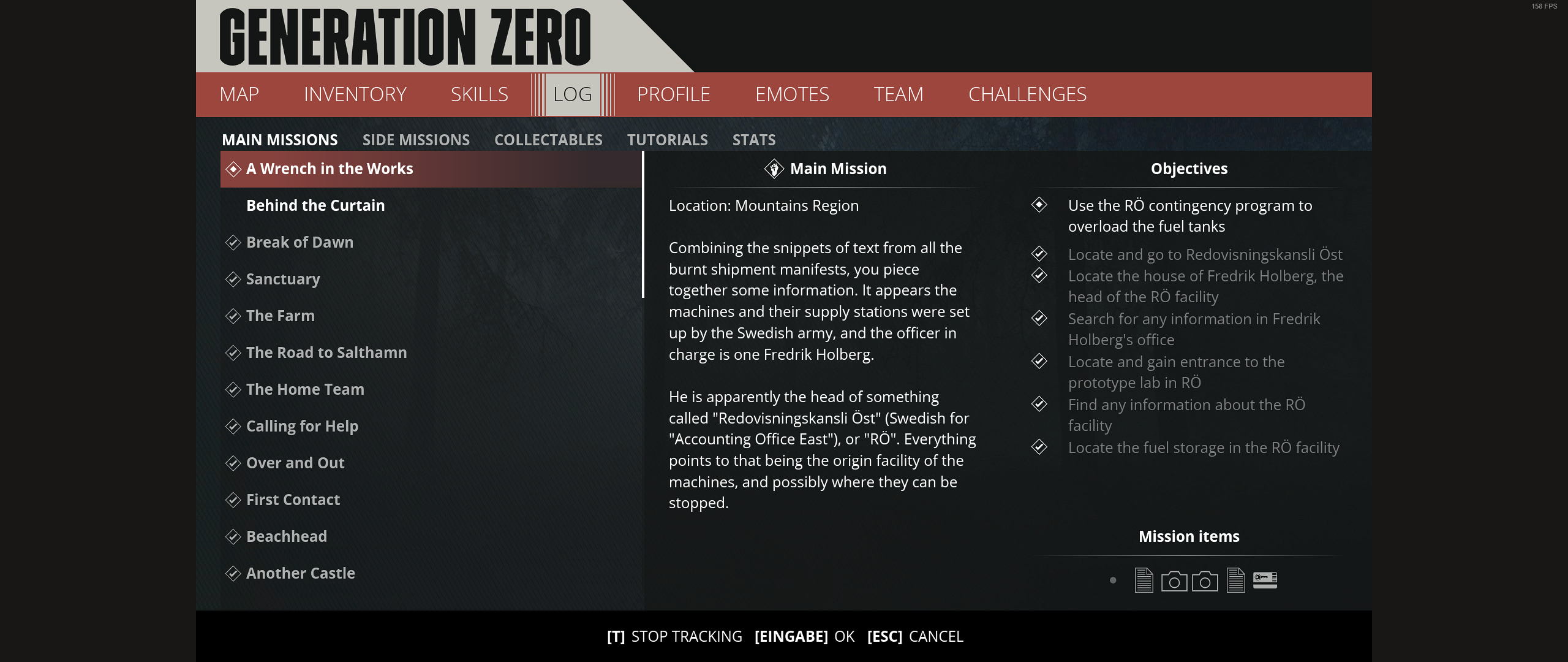 A Wrench In The Works mission start item received at mission end