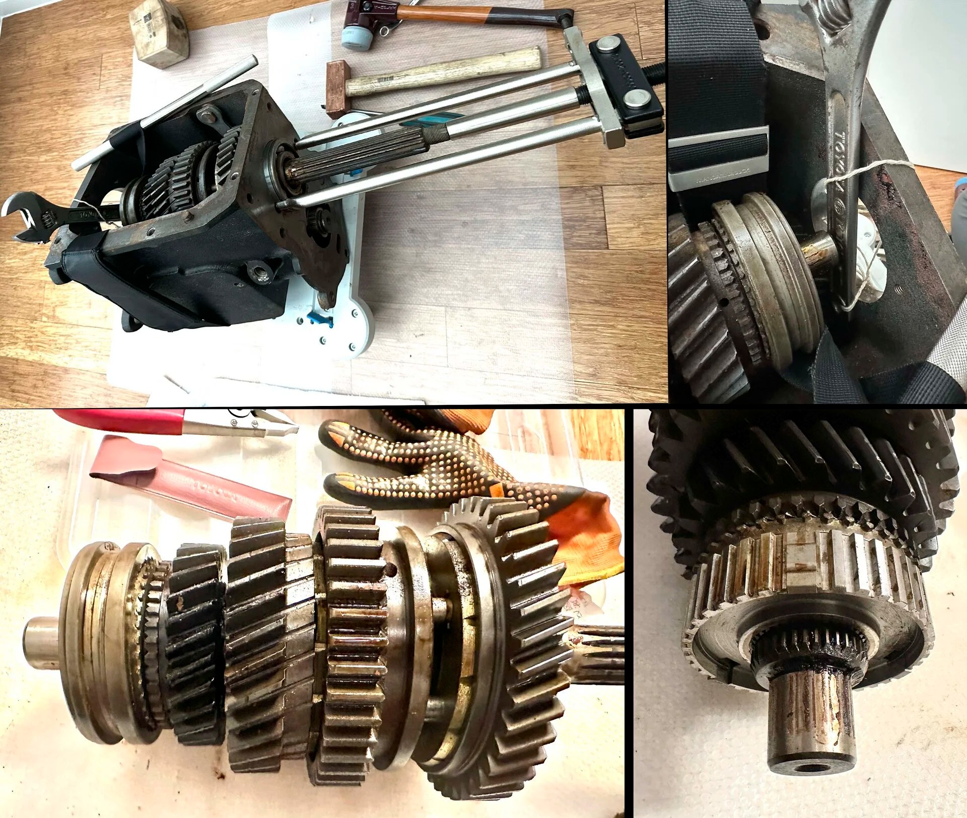How to remove the stuck gears from a gearbox shaft (dried oil). Advice