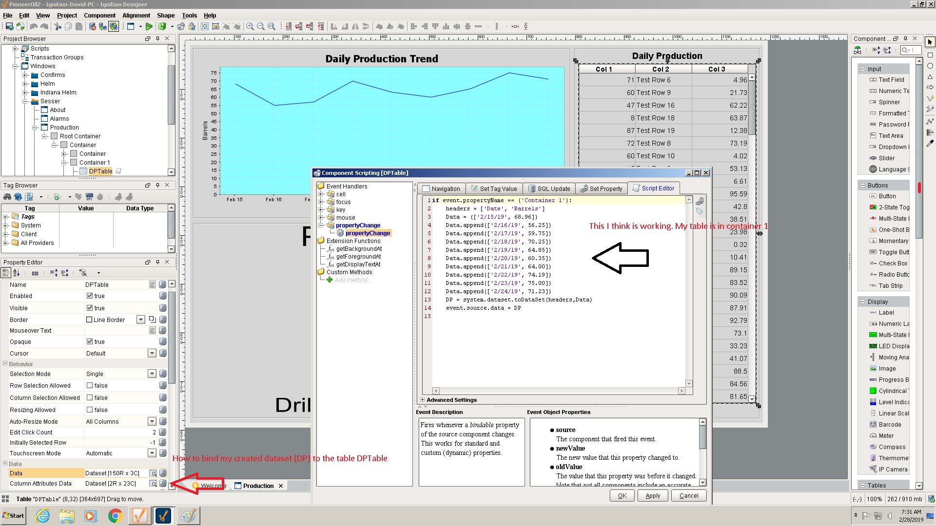 Create dataset and assign to table data Ignition Inductive