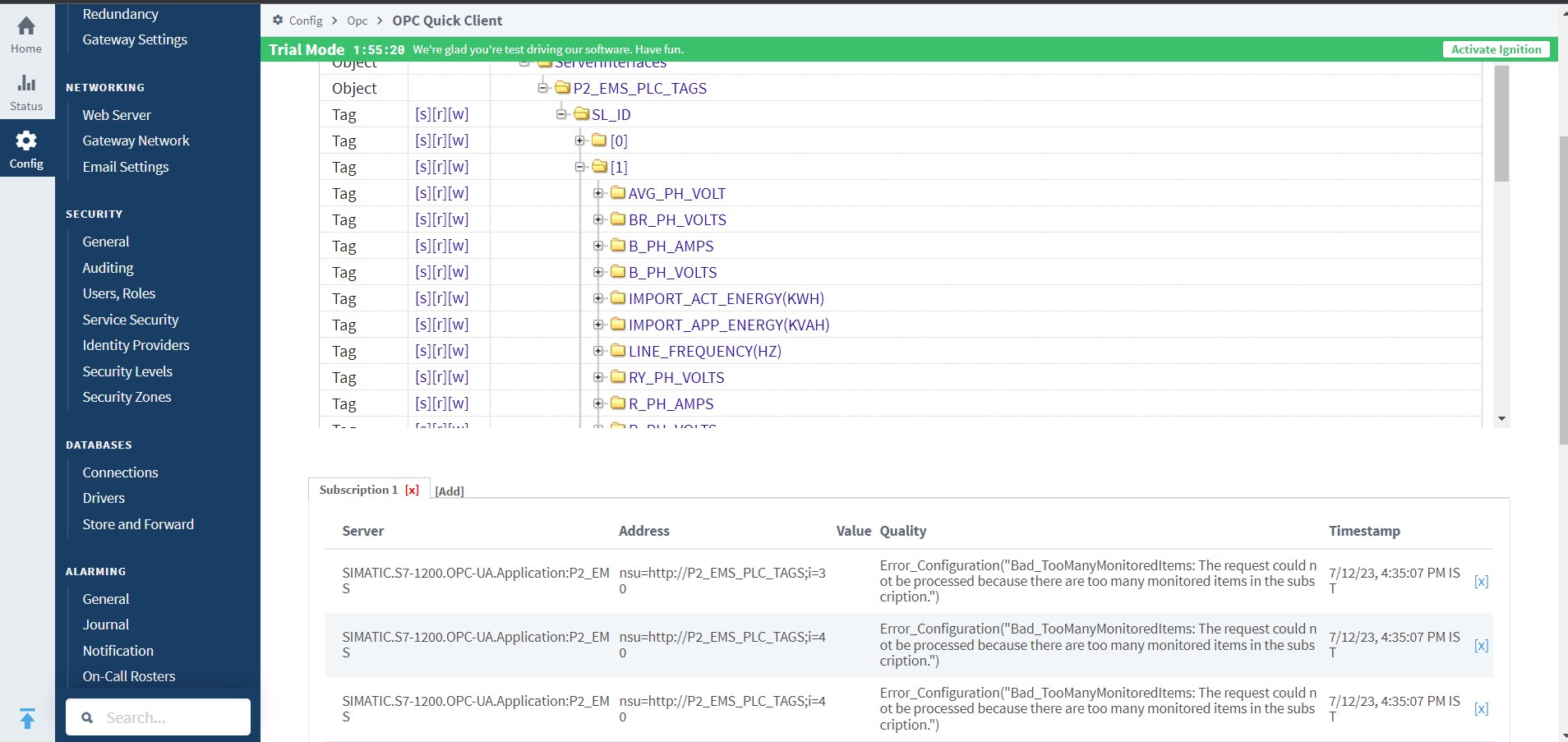 OPC tag quality error configuration Ignition Inductive