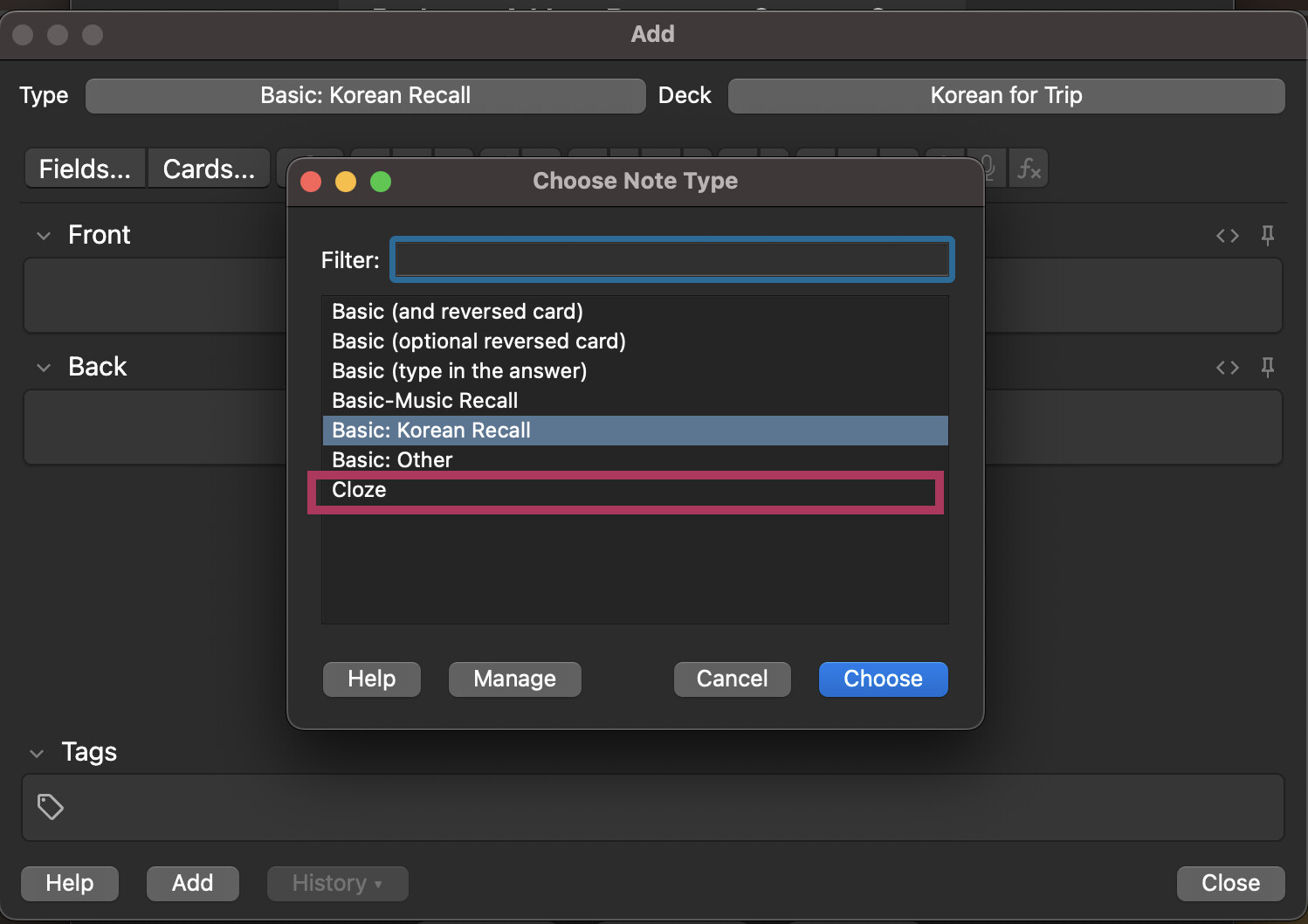My anki deck doesn't show the cloze card type How to ? Language