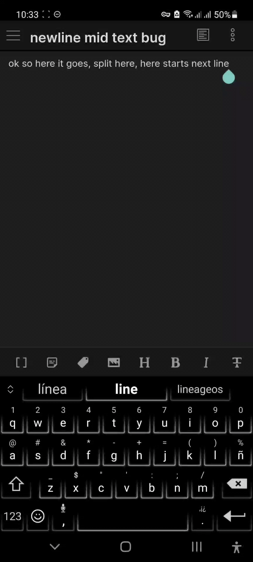 [Bug] Can't press new line in the middle of text Bug graveyard Obsidian Forum