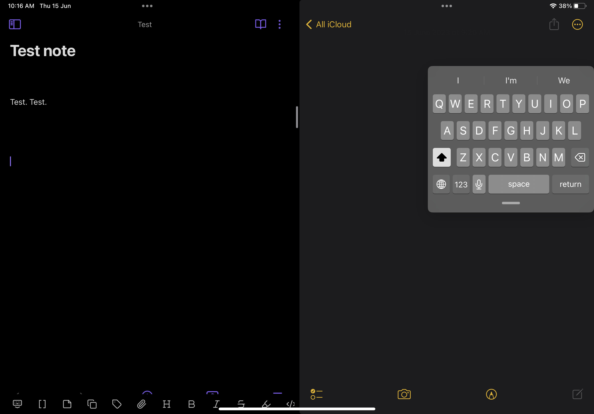 When using the floating keyboard in iPadOS and Obsidian in split screen