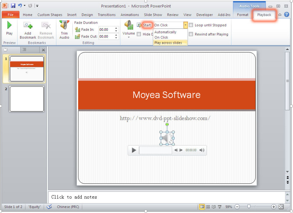 Insert audio and let it play across slides on OO Presentation. (feature