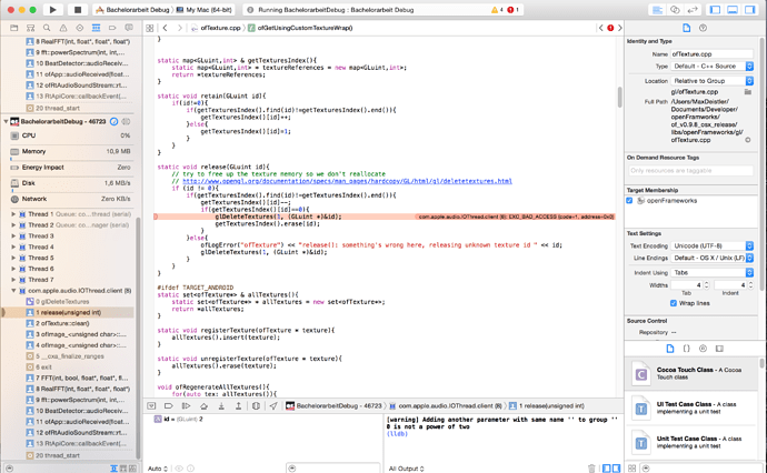 com.apple.audio.IOThread.client(8) EXC BAD ACCESS bugs, errors