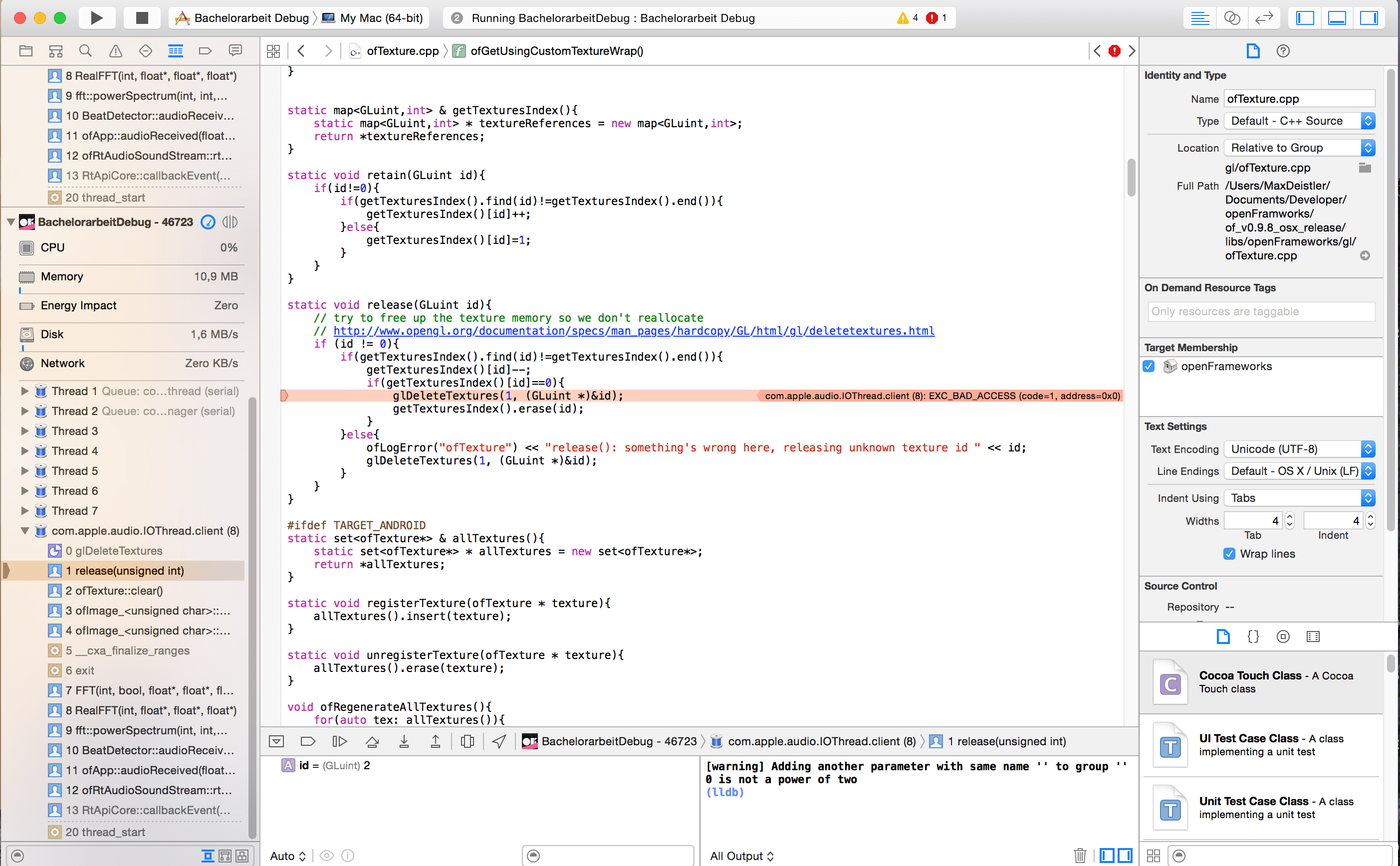 com.apple.audio.IOThread.client(8) EXC BAD ACCESS bugs, errors