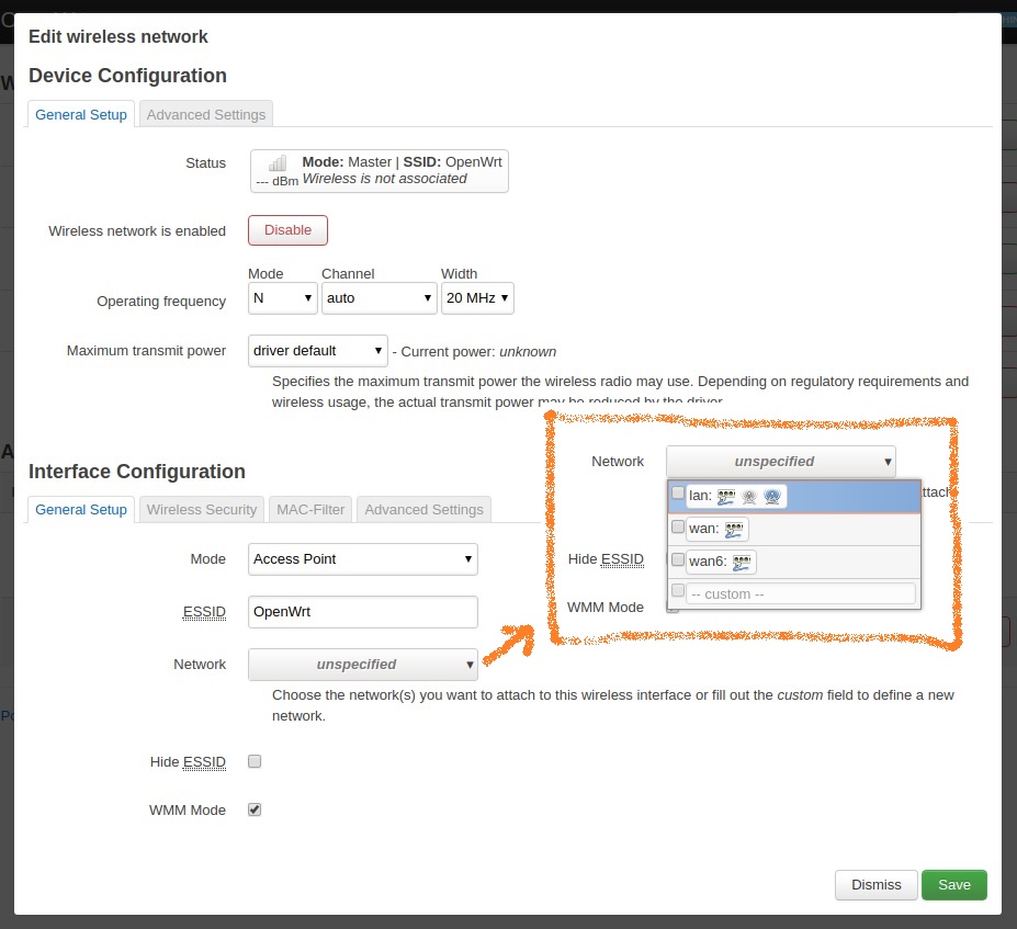 Choosing a network for a wireless interface Network and Wireless