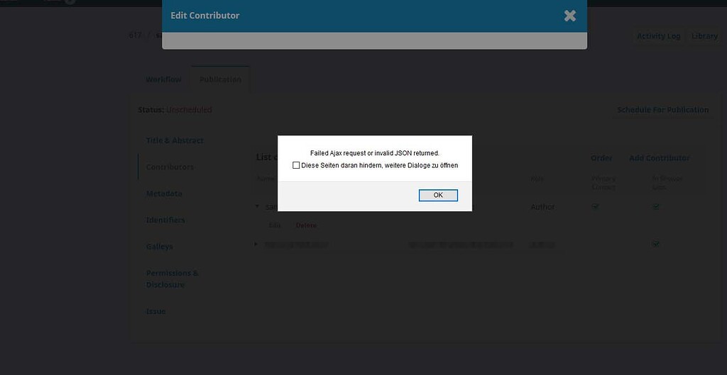 Error when trying to edit contributor "Failed Ajax request or invalid