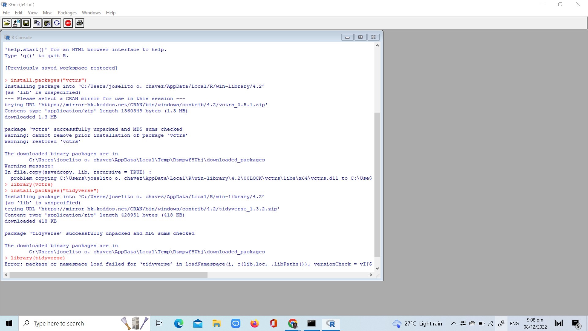 Error when loading the tidyverse library in R Desktop General Posit