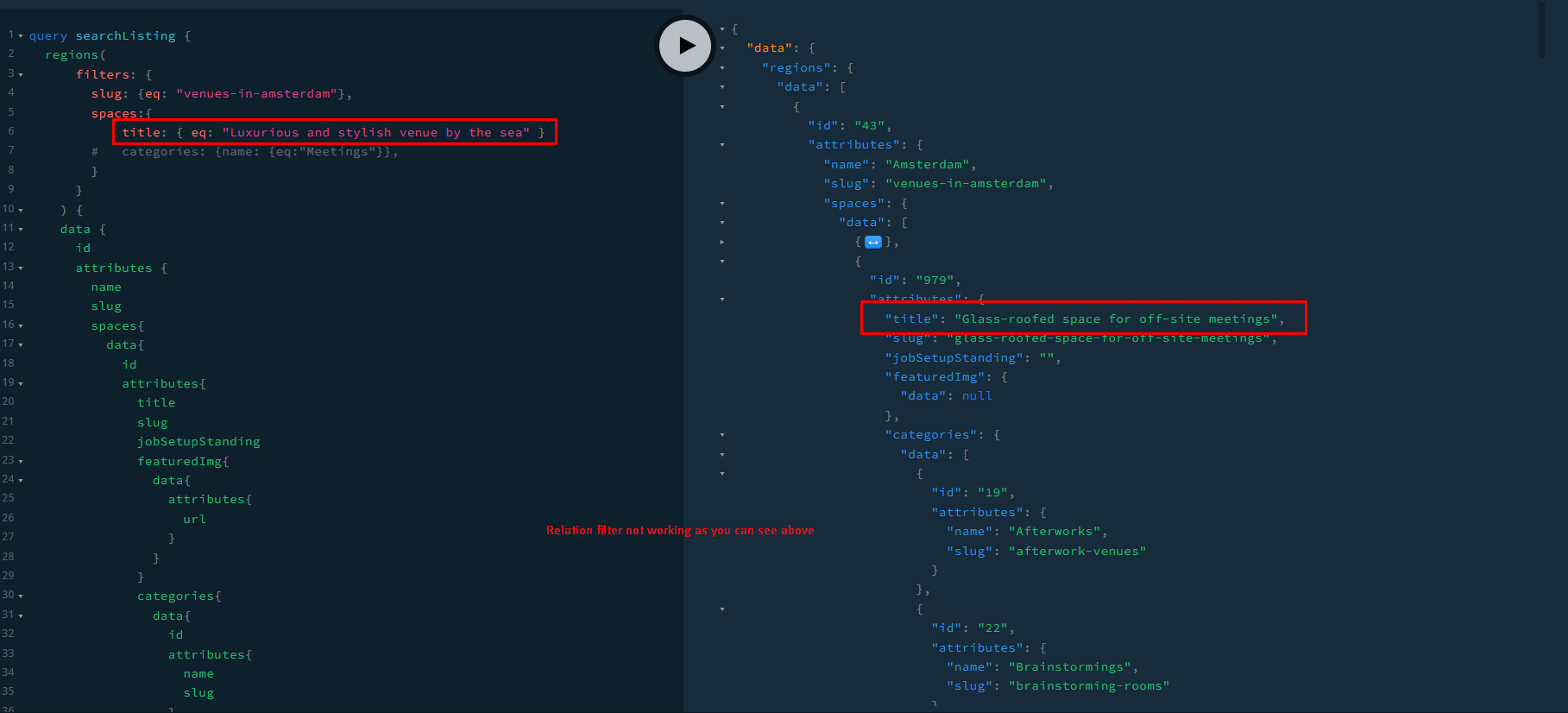 Relationship filtering not working using Graphql Questions and