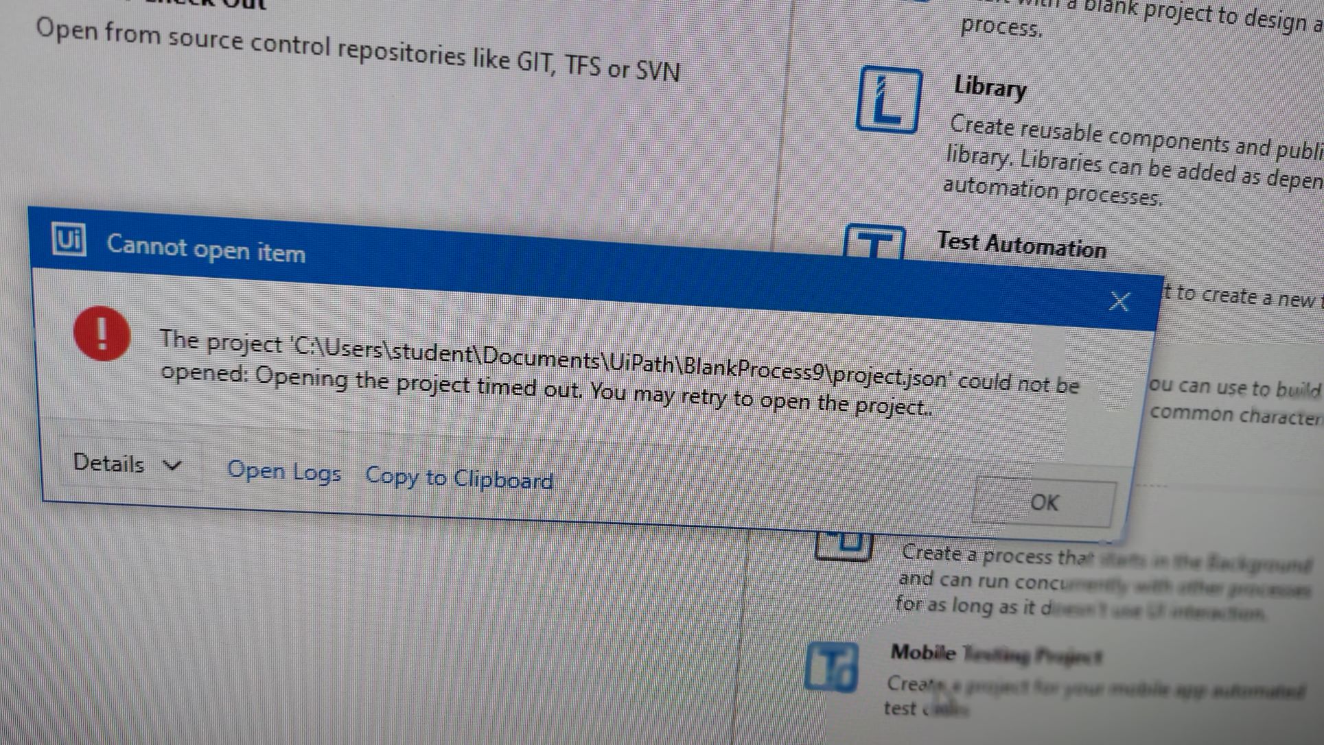 Cannot open item (new process) Studio UiPath Community Forum