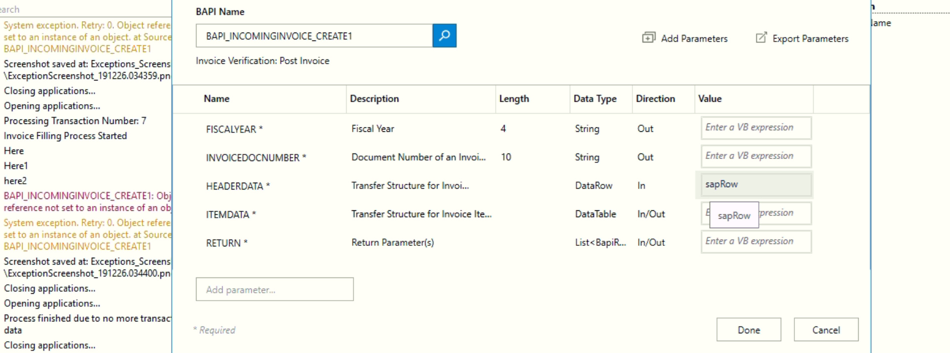 Unable to pass DataRow to Invoke SAP BAPI Call object reference set