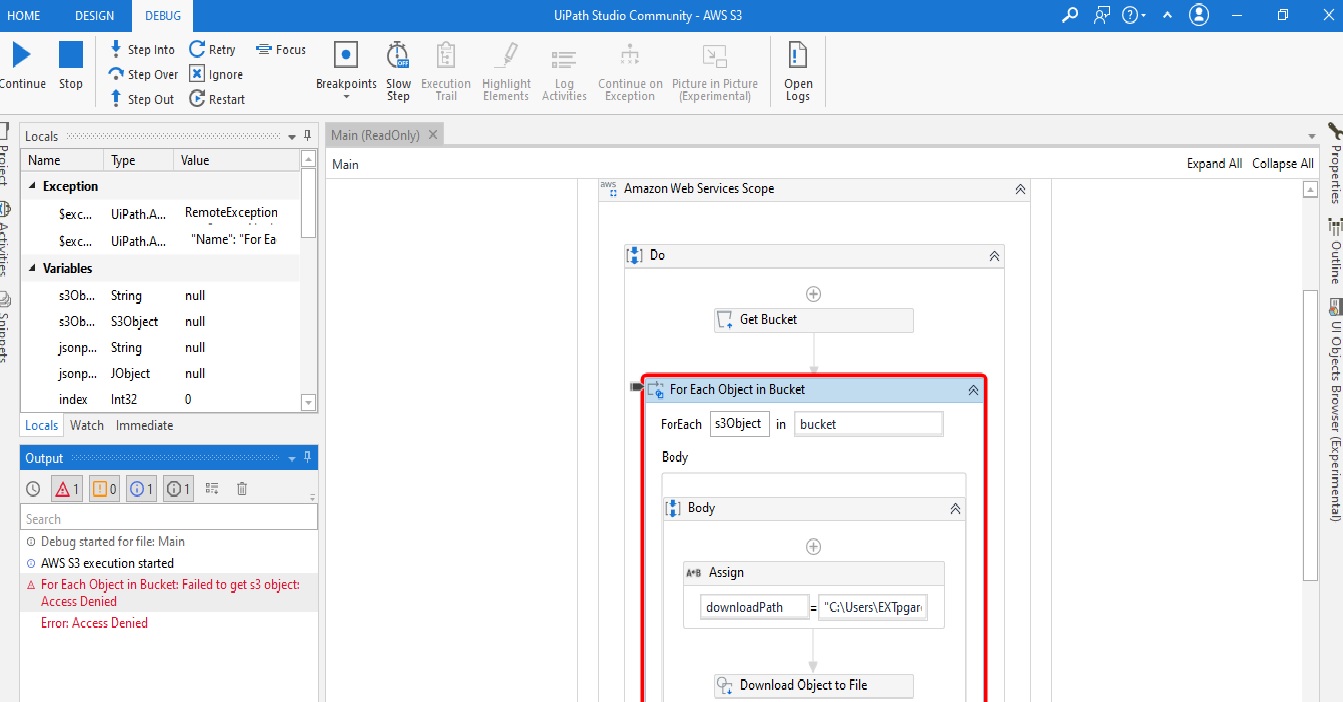 AWS Access Denied when download file from bucket Activities UiPath