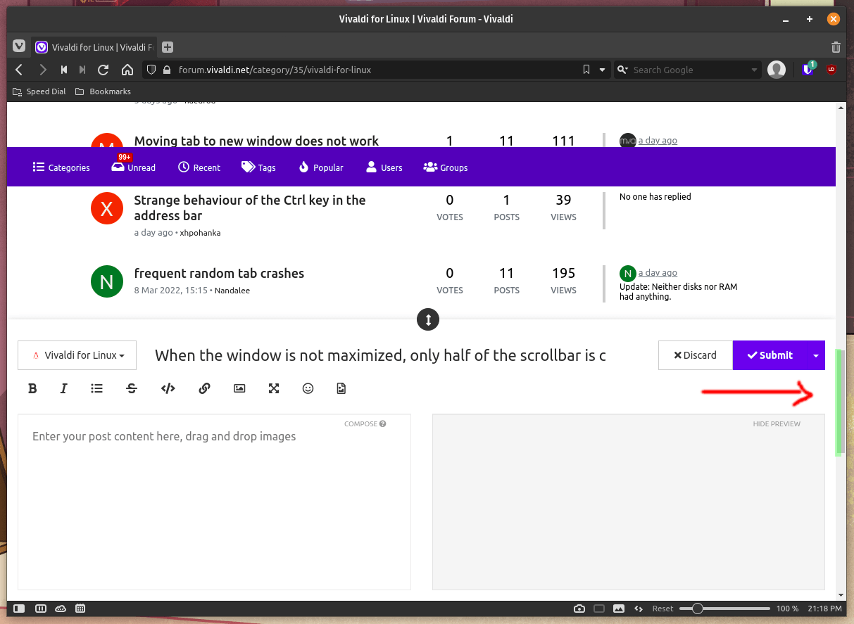 When the window is not maximized, only half of the scrollbar is