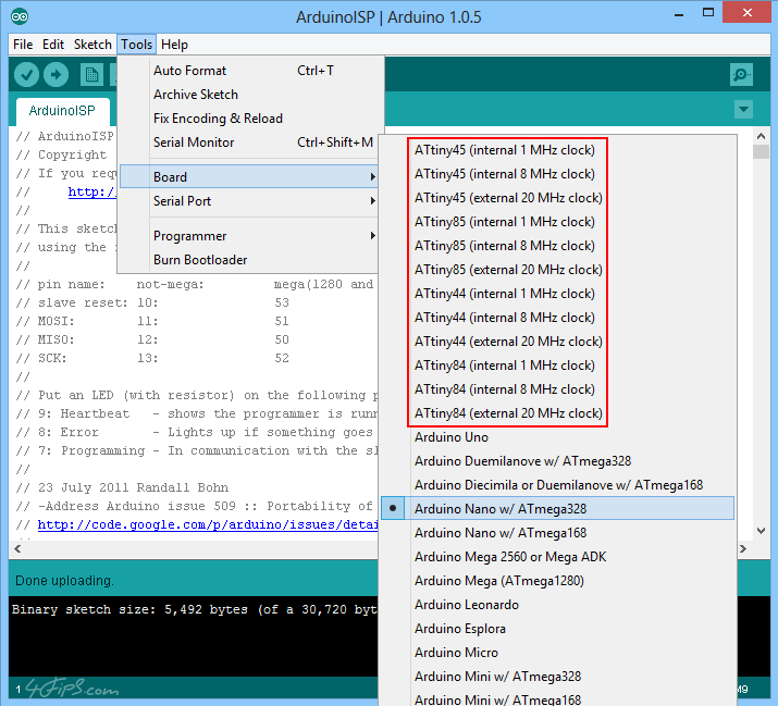 Programming ATtiny85 using Arduino Nano as ISP