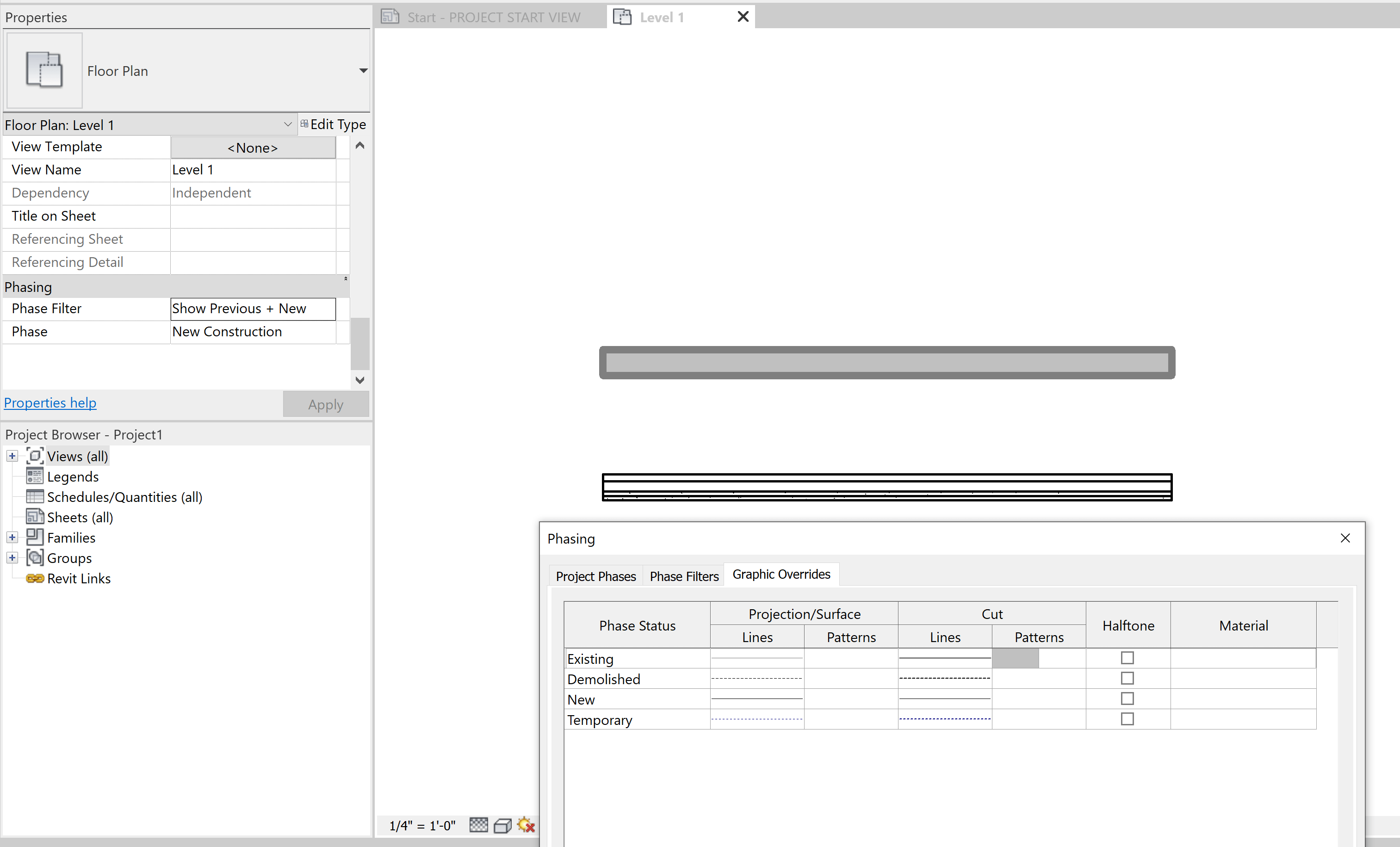 Existing Walls detail level to be course, new construction walls detail