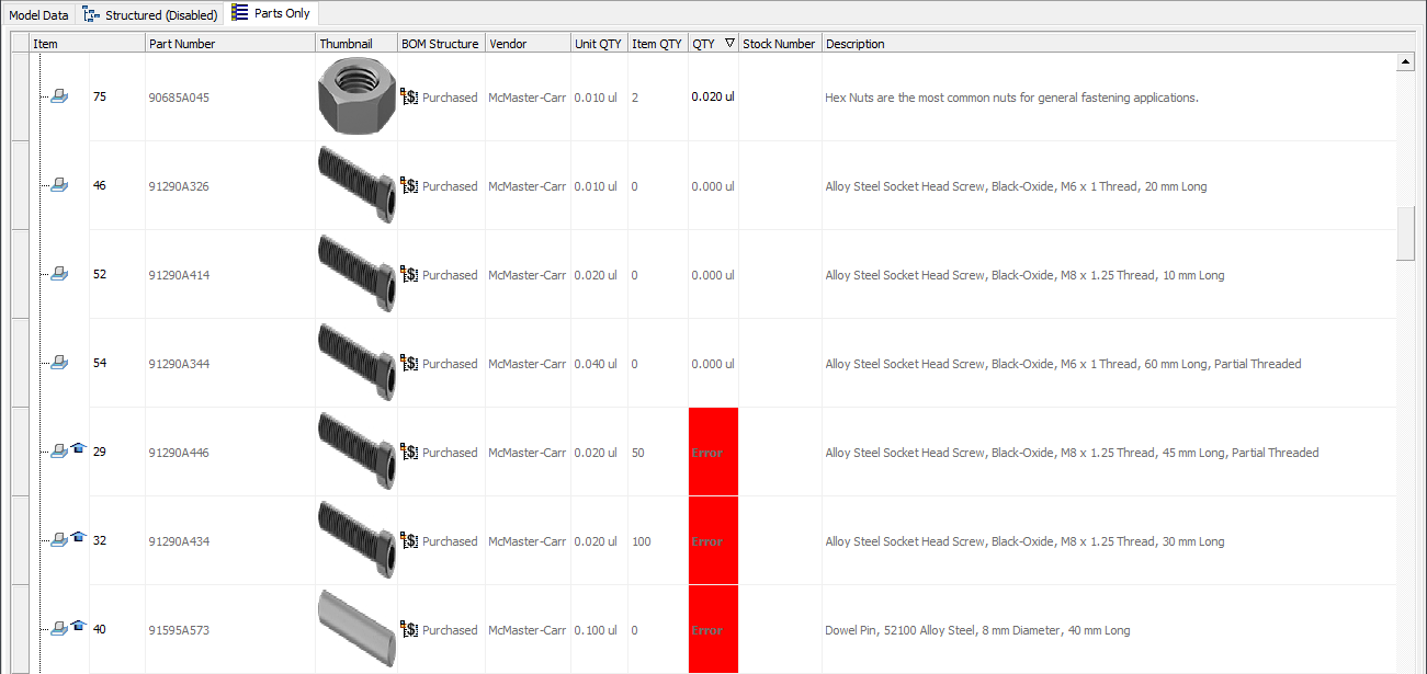 Several Errors in the Bill of Materials For Content Center Parts