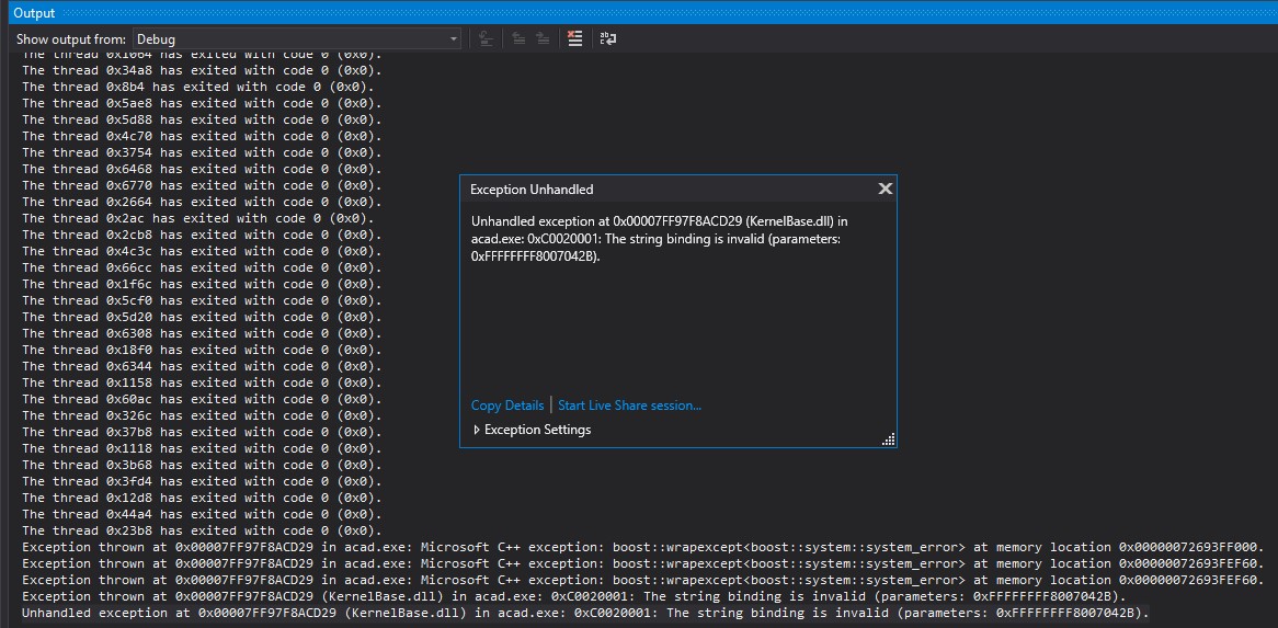 Unhandled exception in acad.exe Autodesk Community