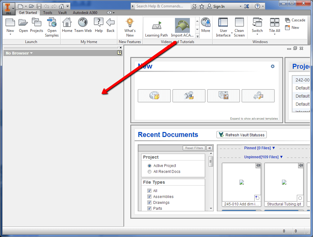 Inventor home screen leaves model browser behind Autodesk Community