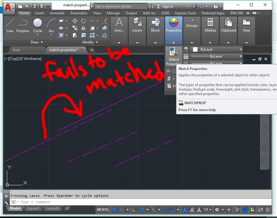 Solved “Match Properties” tool fails to match the line