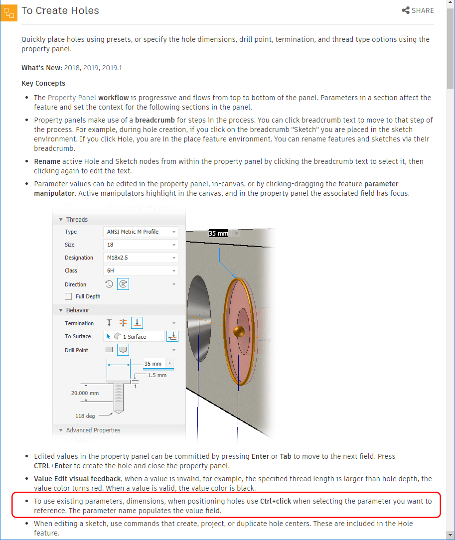 Want to be able to click on a visible sketch dimension to define hole