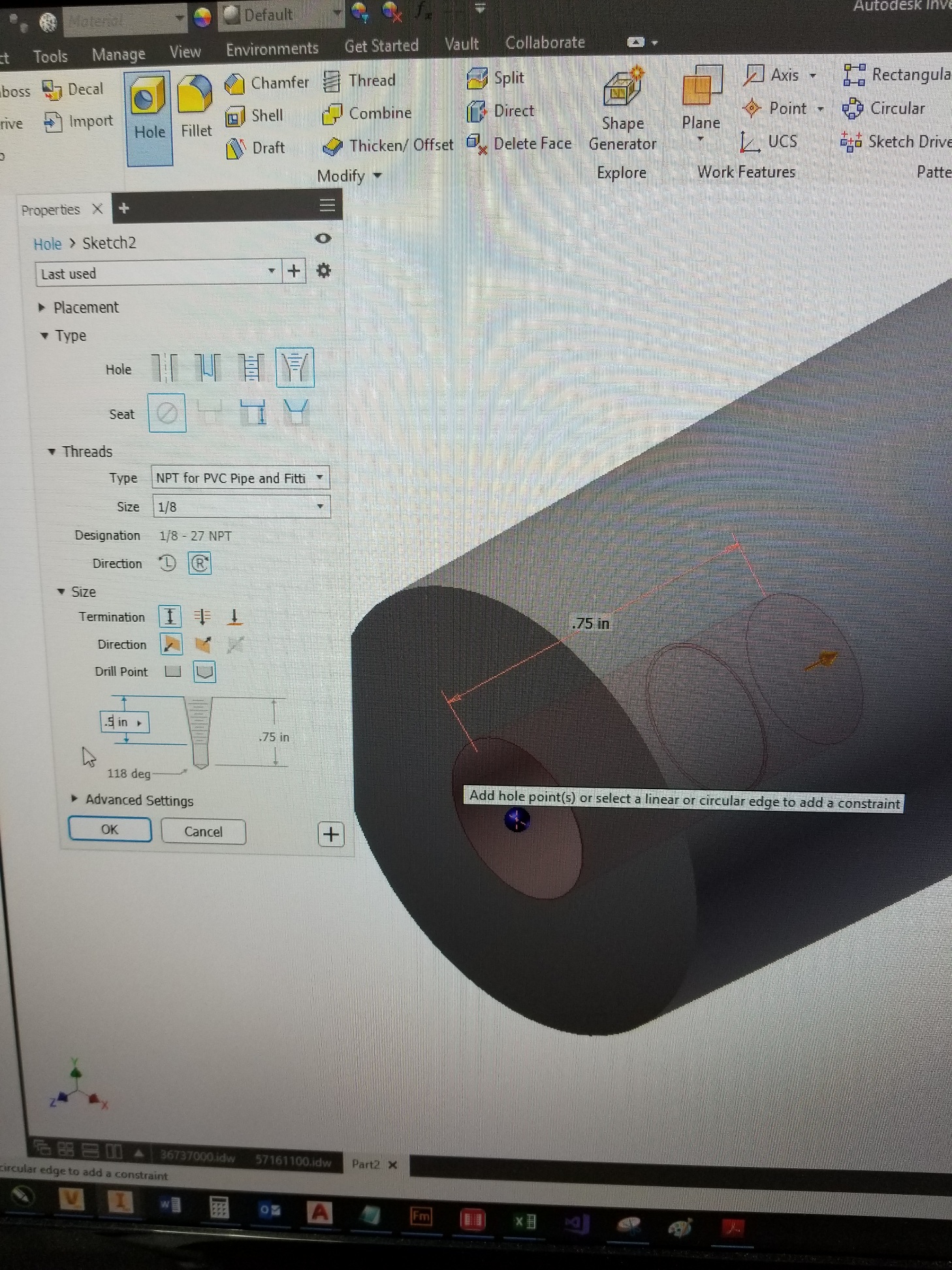 Solved Unable to Edit Thread Length with Taper Tapped Holes Autodesk