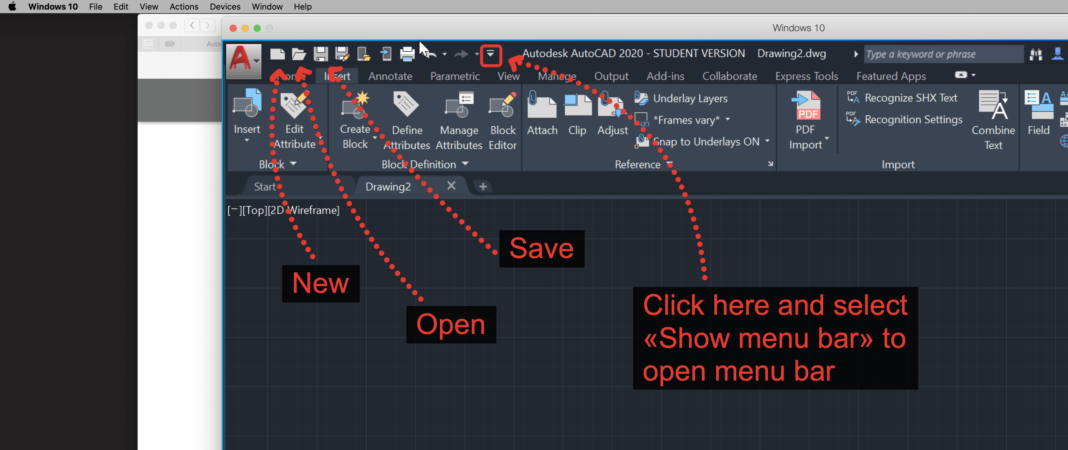 Solved Autocad 2020 using parallels desktop 15 where is 'File